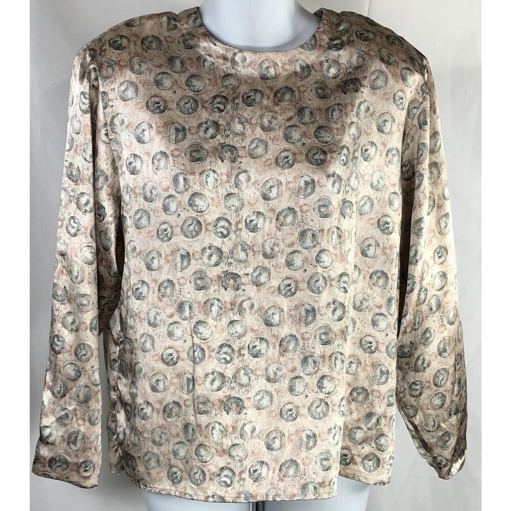 Vintage Satin Top Blouse 8P Peach Gray Geo Long Sleeve Career Classic Y2K